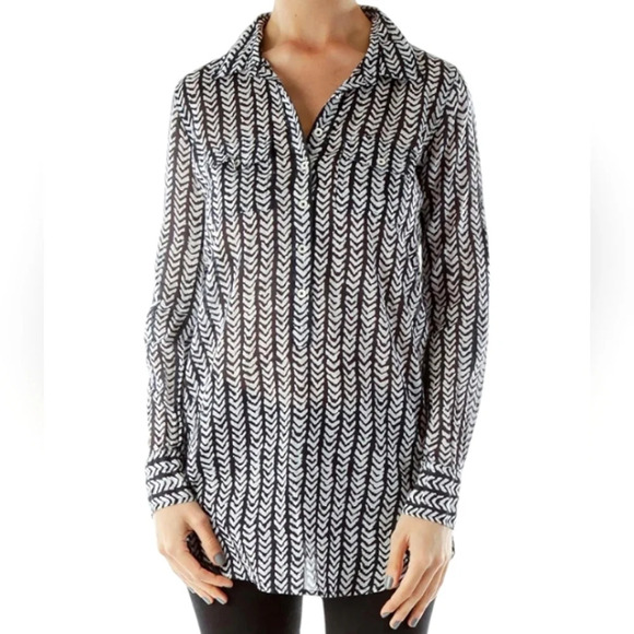 J. Crew Chevron Print 100% Cotton Tunic Length Roll Tab Sleeve Blouse Medium - Picture 1 of 9